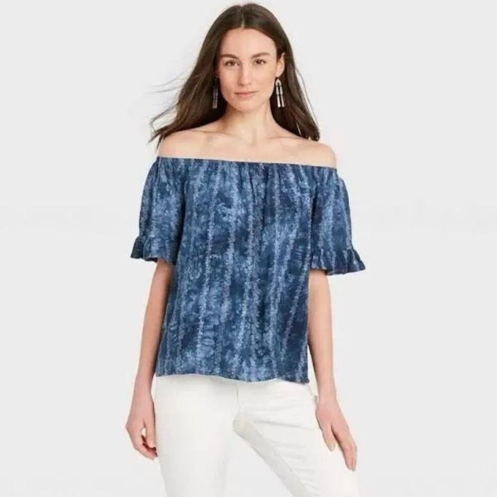 KNOX ROSE | Tie Dye Off Shoulder Ruffle Sleeve Embroidered Blue Blouse Top XL